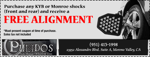 Purchase any KYB or Monroe shocks and get a free 4 wheel alignment