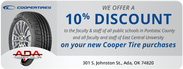 10% discount on new Cooper Tires for public schools in Pontotoc County and East Central University 