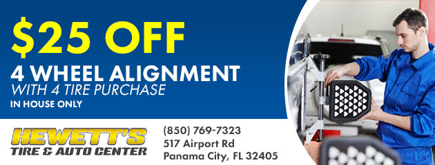 $25.00 off Four Wheel Alignment with 4 Tire Purchase.